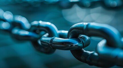 Close-up of a strong steel chain link representing strength, connection, and security. - obrazy, fototapety, plakaty