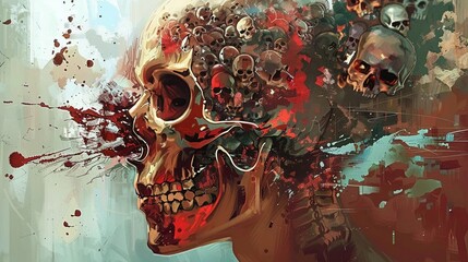 Artistic representation of a human skull with tiny skulls in abstract composition.