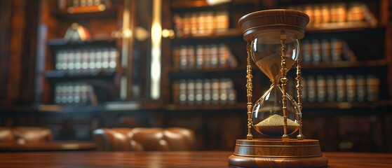 Vintage hourglass on a law library desk symbolizing legal deadlines and time passing.