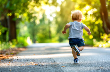 Small child running alone in an empty road in the nature, healthy outdoor activity, copy, space