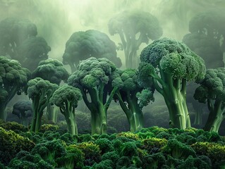 Fantasy illustration of broccoli trees in a mystical forest with a dreamlike ambiance. - obrazy, fototapety, plakaty