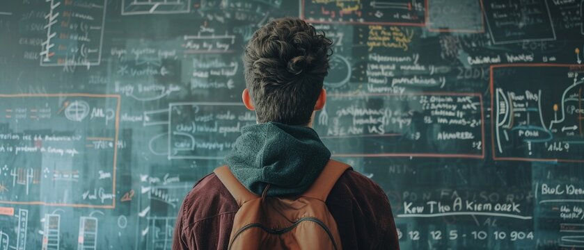 Thoughtful student pondering complex problems in front of a filled blackboard.
