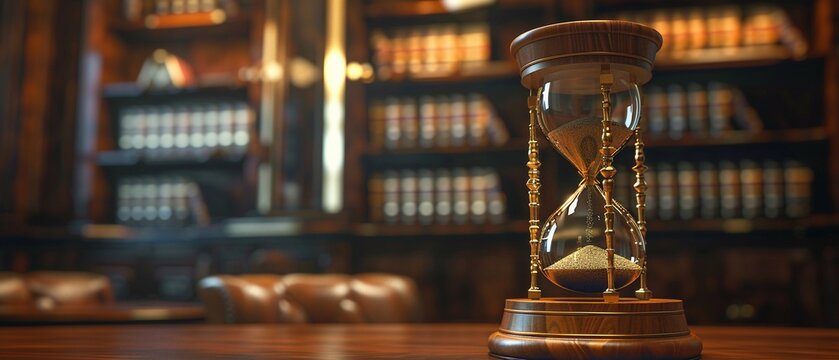 Vintage hourglass on a law library desk symbolizing legal deadlines and time passing.