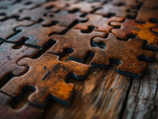 Close-up of wooden jigsaw puzzle pieces, conceptual image for problem solving, strategy, and fitting together.