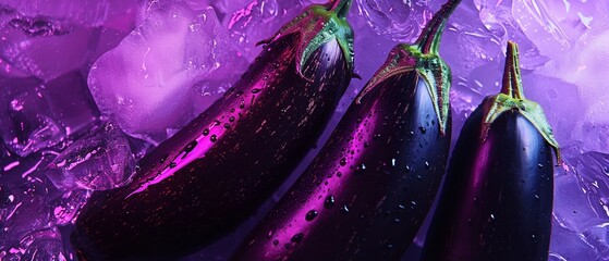 Vibrant eggplants against a purple crystalline background, showcasing organic produce and freshness.