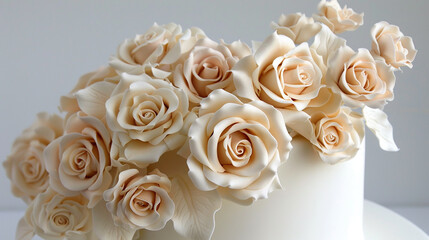 Exquisite sugar roses delicately arranged atop a pristine white birthday cake.