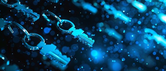 Keys falling in a digital space, concept for digital security, encryption, and access technology.