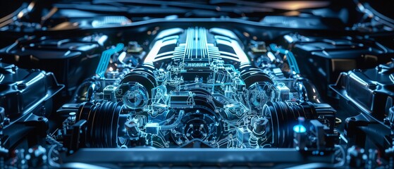 3D model of a car engine, highlighting the complexity and technology of modern automotive design.