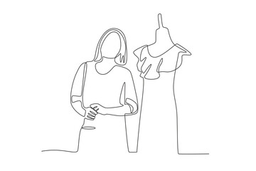 Female designer with her clothes.Business small one-line drawing