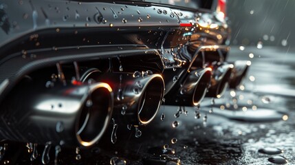 Wet sports car exhausts reflecting after a rain, highlighting sleek design and automotive excellence.