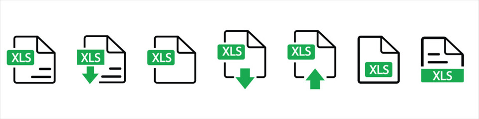 XLS file format icon set in line style. Format information, Document text, Xls file download, Text document type simple black style symbol sign for apps and website