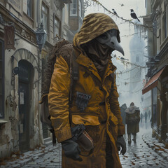 City street with a plague doctor in a long brown-yellow coat and with a backpack on his back