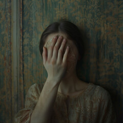 Woman covering her face with one hand, in a dark room with old wallpaper in the background, vintage style with soft light