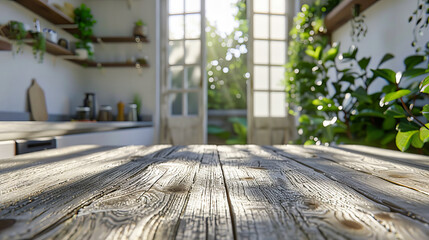 Bright Wooden Table with Green Background, Sunny Kitchen or Garden Display Space, Natural Light
