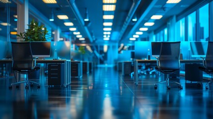 High-tech workspace shines in serene blue