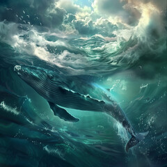 Humpback whale swimming in the ocean, fantasy art style