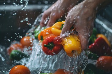 Fototapeta premium A person is washing a pile of vegetables in a sink