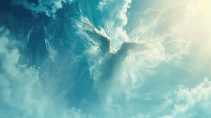 Angelic figure amidst clouds in blue sky - A mesmerizing celestial scene depicting spiritual guidance and the timeless allure of angelic presence in a sea of fluffy clouds. - obrazy, fototapety, plakaty