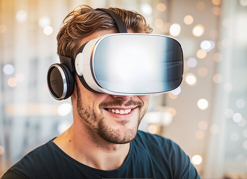 Portrait en gros plan d'un jeune homme souriant portant un casque de réalité virtuelle