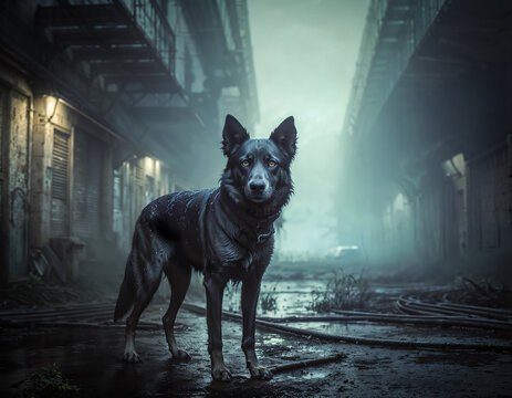 Magnifique portrait d'un chien errant dans un d&eacute;cor urbain post apocalyptique, probablement radioactif, lumi&egrave;re verte bleut&eacute;e, image tr&egrave;s cin&eacute;matographique , sombre