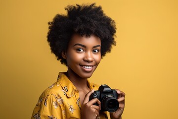 A woman with curly hair is holding a camera and smiling