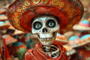 A skeleton figurine wearing traditional Mexican clothing and a wide-brimmed hat decorated with flowers symbolizes the Day of the Dead holiday. Mexican culture - obrazy, fototapety, plakaty