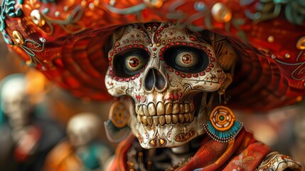 Fototapeta premium Skull sculpture decorated in the style of the Mexican holiday Day of the Dead with exquisite patterns and bright colors on a wide-brimmed hat.