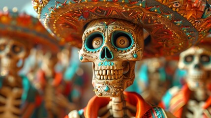 Skull sculpture decorated in the style of the Mexican holiday Day of the Dead with exquisite patterns and bright colors on a wide-brimmed hat. - obrazy, fototapety, plakaty