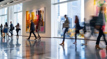 Fototapeta premium Diverse professionals navigating sleek, brightly lit office with glass partitions.