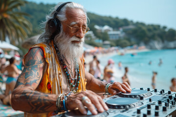 Hipster senior man dj mixing outdoor during summer beach party