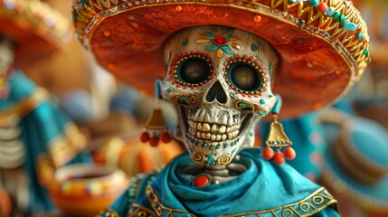 A skeleton figurine wearing traditional Mexican clothing and a wide-brimmed hat decorated with flowers symbolizes the Day of the Dead holiday. Mexican culture