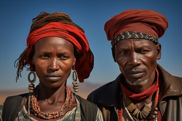 Two people wearing red head scarves and necklaces