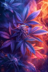 Cannabis leaves. Large leaf of cannabis plant in purple light. Cannabis marijuana foliage with a purple pink tint.