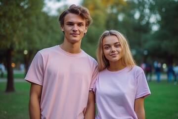 Obraz premium A young man and woman are standing in a park, both wearing pink shirts