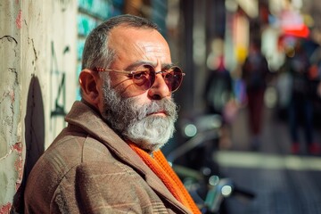 A man with a beard and glasses sits on a motorcycle