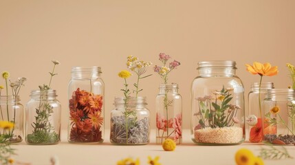 Herbal Tranquility. Jars filled with fragrant herbs and vibrant flowers, arranged on a calming beige background, create a sense of peace and tranquility. - obrazy, fototapety, plakaty