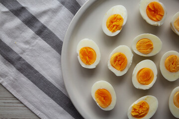 Cooked Hard Boiled Eggs on a Plate, top view. Copy space.