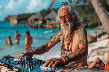 Old Dj mixing outdoor at beach party festival with crowd of people at sunset