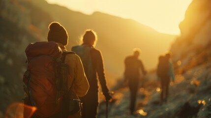 Youthful adventure in the mountains at sunset, silhouettes of cheerful teenagers embodying freedom and spirit.