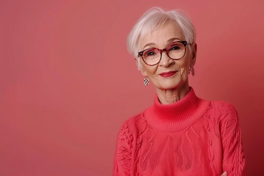 A woman in a red sweater and glasses is smiling