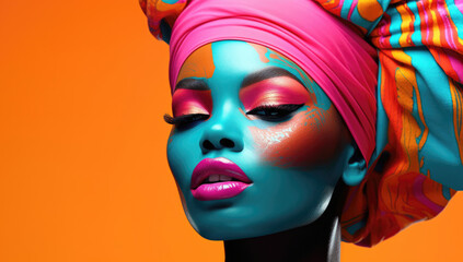 Vibrant portrait of a woman with striking blue and orange makeup and a colorful headwrap against an orange backdrop.
