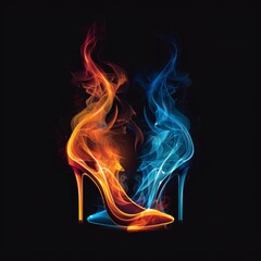 A pair of high heeled shoes with colored smoke coming out of them.