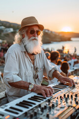 Aged man DJ on the sunset beach party