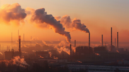 Aerial view of coal power plant high pipes with black smoke moving up polluting atmosphere at sunrise. - obrazy, fototapety, plakaty