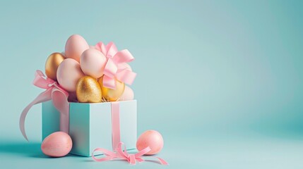 Surprise Easter Eggs. Delightful Easter composition with Easter eggs bursting from a gift box.