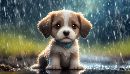 Cute puppy outside in the rain