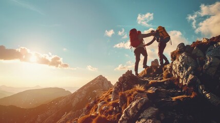 Heartwarming mountain trail moment. Hiker assists friend amidst alpine scenery. Themes of perseverance and friendship.