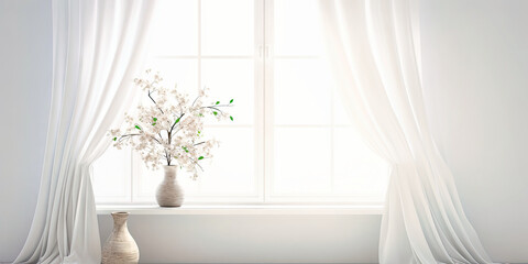 Elegant White Curtains Frame a Large Arched Window Overlooking a Serene Garden