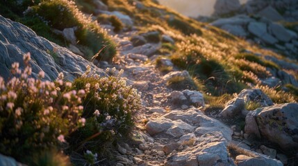 Obraz na płótnie Canvas Mountain Path. A rugged trail leading to the summit, bathed in sunrise hues, reminiscent of epic journeys.