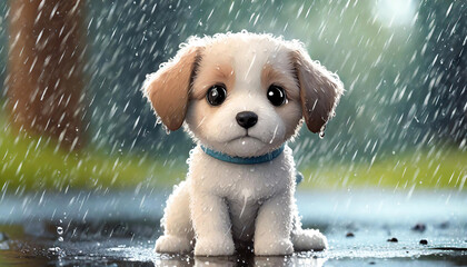 Cute puppy outside in the rain. AI generated.